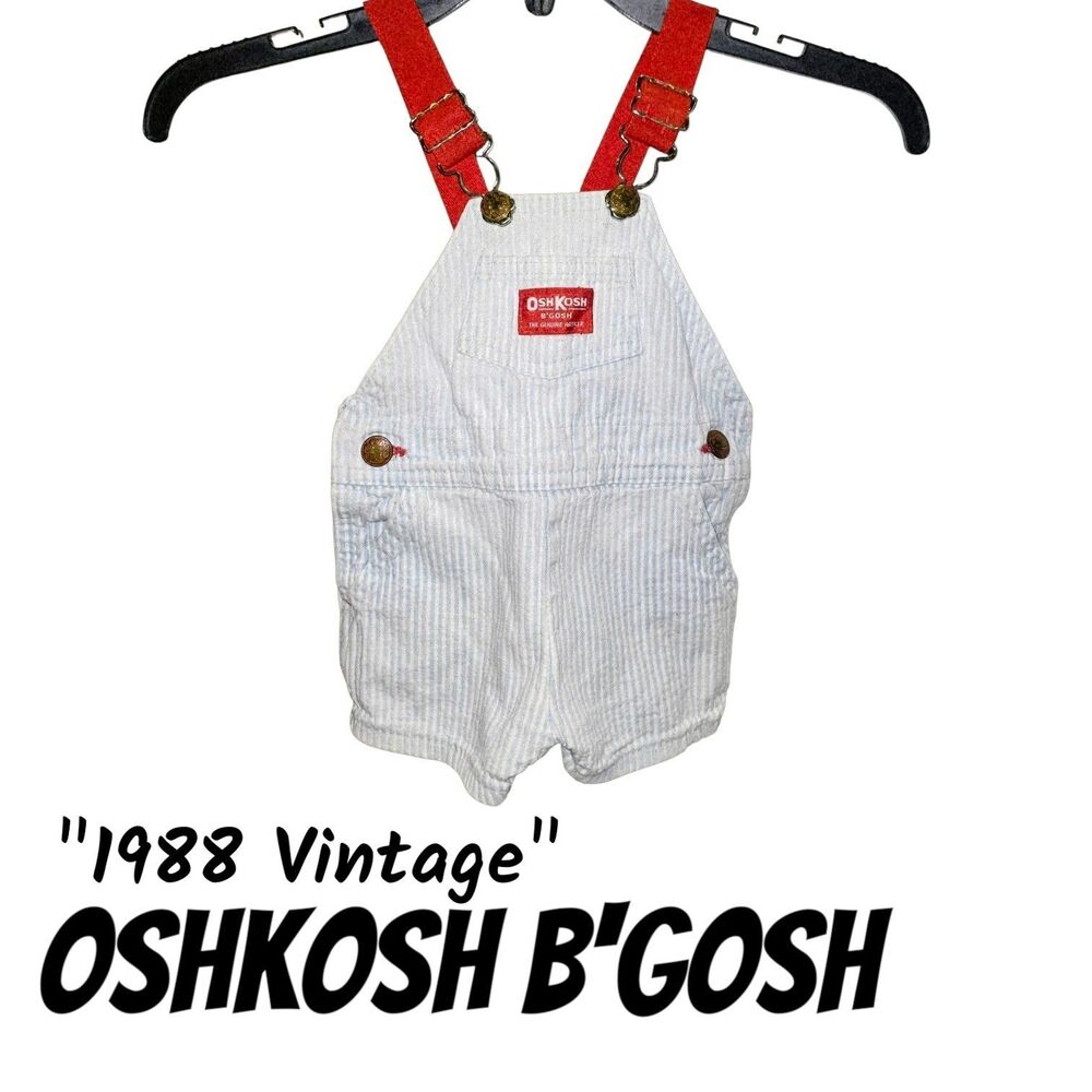 OshKosh B’Gosh USA Sz3m HTF Pin-Striped VestBak Red Straps Logo Overall Shorts